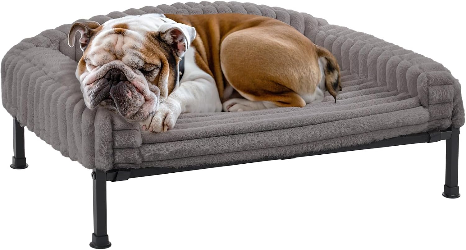 Grey Elevated Dog Bed with Fluffy Bolster